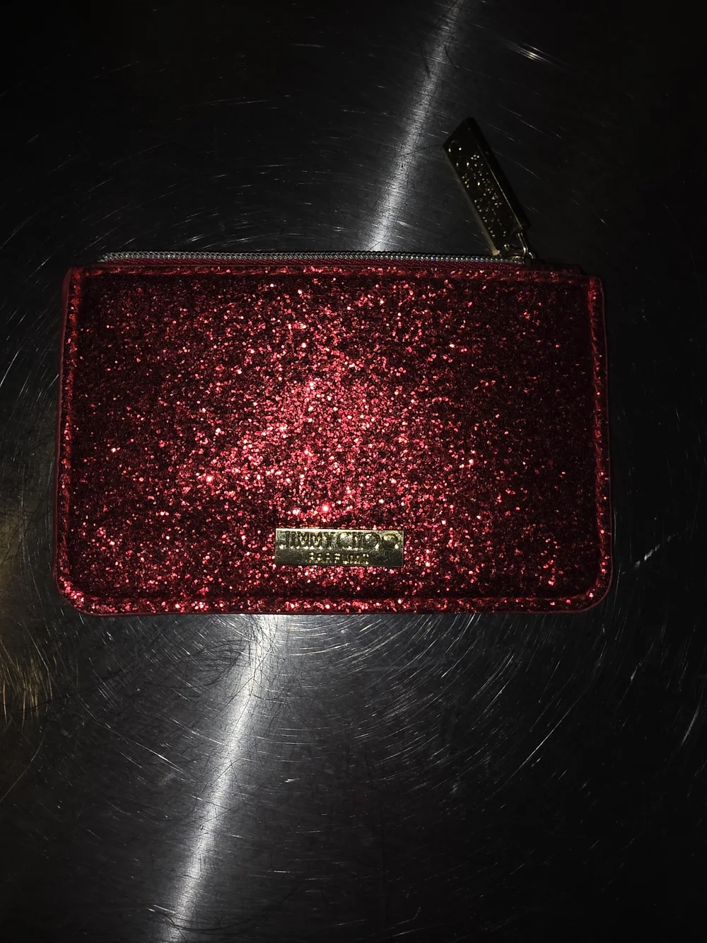 NWT Jimmy Choo Parfums Red Glitter Mini Zip Coin Purse Pouch Wallet